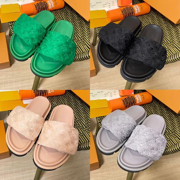 Diseñadores Sandalias Piscina Almohada Flat Comfort Mules Hombres Mujeres Diapositivas Puesta de sol En relieve Acolchado Correa delantera Zapatillas de playa Moda Verano Sliders Tamaño35 -44