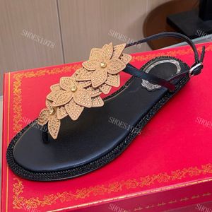 Designers sandales chaussures pour femmes René Caovilla en cuir décoration de fleurs tongs talon plat 35-43 chaussures de chaussures chaussures sandale décontractée