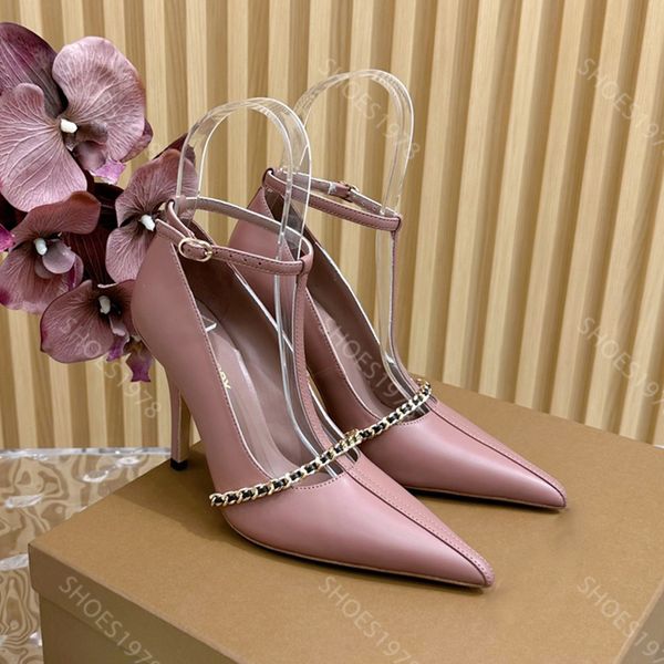 Designers Chaussures pour femmes Top qualité peau de vache chaînes dorées élégants bouts pointus Rome pompes 10cm à talons hauts femmes robe chaussure 35-41 avec boîte