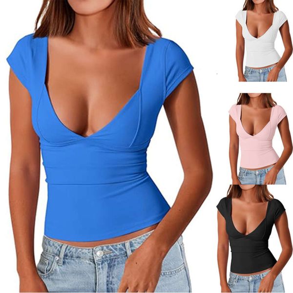 Las mangas cortas de los diseñadores se están vendiendo bien Fashion Queen para mujer Sexy con cuello en V profundo y espalda abierta Camiseta ajustada corta Estilo básico