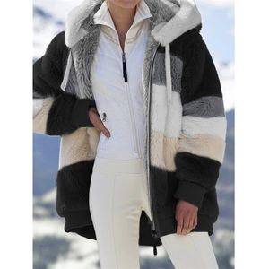 Diseñadores de invierno de talla grande S-5Xl abrigo de mujer de manga larga chaqueta cálida de felpa para mujer con capucha y cremallera Patchwork informal para exteriores para mujer