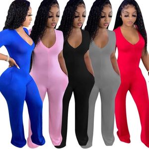 Designers femmes vêtements t-shirts 2021 combinaison décontractée pantalon large jambe profonde V manches courtes combinaison pantalon ample