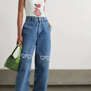 Ontwerpers Women Fashion Loeewewe jeans dames jeans schroefdraad uitgehold brief grafische denim casual lange rechte denim mode -borduurbroek broek