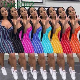 Diseñadores Mujeres Verano Vestido ajustado Mini falda Moda Sexy Con cuello en V Casual Rayas simples Impreso Vestidos de una pieza Fiesta Clubwear Tallas grandes