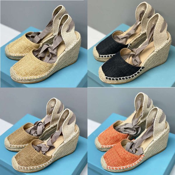 Designers Femmes Sandales Compensées Espadrilles Talons Hauts Plateforme En Cuir Talons Cheville À Lacets Mode D'été Paille Chaussures Décontractées Avec Boîte 536