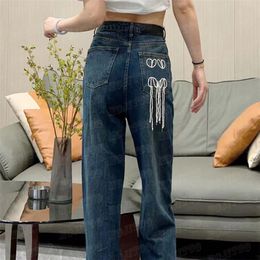 Designers Femmes Jeans Pantalons Retour Broderie Glands Denim Pantalon Taille Haute Conception Jean Pantalon Pour Dame