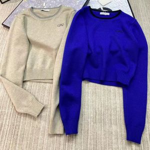 Designers Femmes Knits Pull Broderie Logo Manches Longues Encolure Couleur Contraste Pull Abricot et Bleu Knitwears szfp9879 Mode Casual Vêtements d'Automne