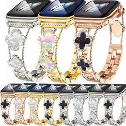 Petit fritillaire parfumé à quatre feuilles avec bracelet en diamant, bracelet à maillons, bandes métalliques, bracelet de montre pour Apple Watch Series 3 4 5 6 7 8 iWatch 40 mm 44 mm 41 mm 4