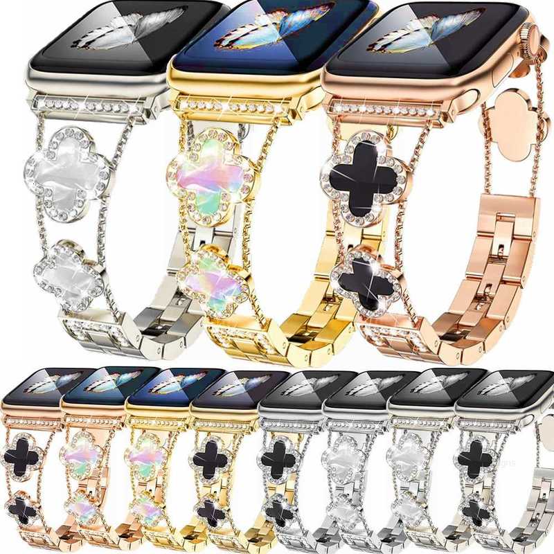 Designer Small Fragrant Fourleaf Fritillary with Diamond Strap Band Link Bracelet Straps Metal Bands Watchband for Apple Watch Series 3 4 5 6 7 8 iWatch 40mm 44mm 41mm 4
