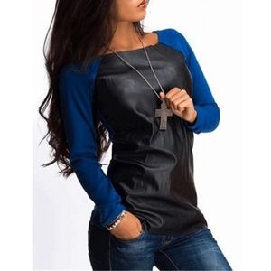 Diseños Color Block Blusa Mujeres Casual Cuello redondo Manga larga PU Cuero Otoño Tops MX0049 xxxl