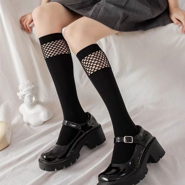 Diseños Calcetines largos Medias de mujer Medias de rejilla hasta la rodilla Calcetín sólido Cute Sweet Girls Campus Estudiante Malla Negro Harajuku Medias góticas