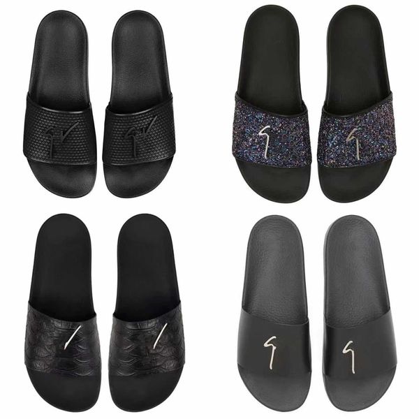 Diseños Hombre Zapatilla de cuero Verano Mujer Moda Sandalias planas Confort Playa Slider Giuseppe Zanatoli Desgastes negros Tiras de metal Zapato Playa de arena con caja Tamaño 35-46