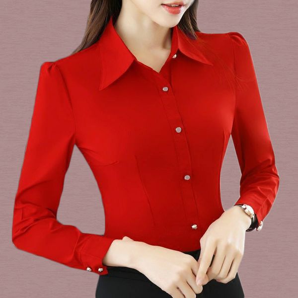 Diseños Verano Mujer Blusa de manga larga Estilo coreano Botones elegantes Camisa roja delgada Oficina Señora Trabajo formal Camisas blancas Top Plu
