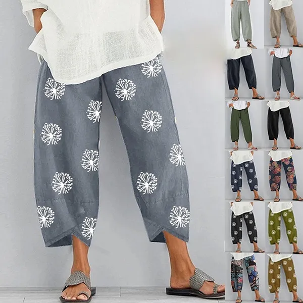 Dessins Femmes Harem Pantalon Vintage Imprimé Coton Lin Pantalon Large D'été Casual Poche Pantalon Taille Élastique Lâche Cropp