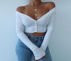 Ontwerpt vrouwen lange mouw crop tops sexy diep v nek basic solide zwarte witte dame casual t -shirt off schouder t shirts cumde5937610