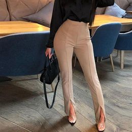 Designs Femmes Sexy Avant Fente Crayon Pantalon Couleur Unie Taille Haute Élégant Bureau Occasionnel Dames Pantalon Serré Vêtements De Travail Noir Whi346Y