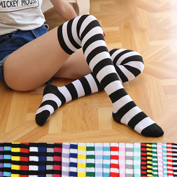 Bas pour femmes et filles, longs au-dessus du genou, chaussettes rayées imprimées, doux et mignons, Kawaii Pastel, cuisses hautes, bas goutte