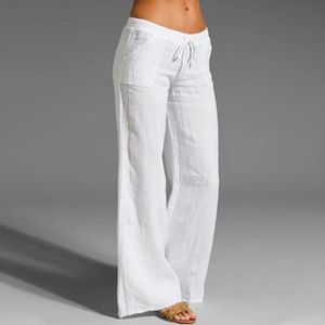 Diseños de pantalones de lino de algodón para mujer, pantalones Harem de cintura alta, sueltos, cintura elástica suave, pantalones blancos de verano, pantalones casuales azules para mujer