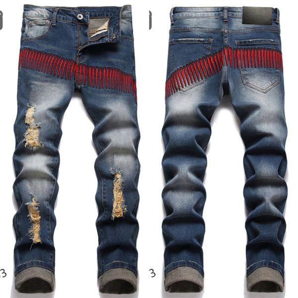 Desinger Vêtements Jeans Pour Hommes Violet Version Denim De Haute Qualité Longue Droite Régulière Lettre Moderne Patch Travail Déchiré Pour Trou Taille 29-38 Hommes Pantalons De Mode Jean