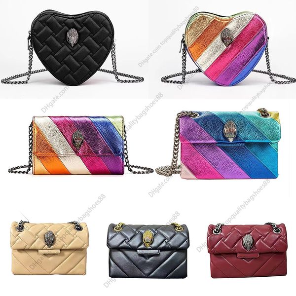 Diseñador Kurt Geiger Bolso en forma de corazón Bolso de lujo Cuero Londres Mujer Hombre Mini Bolso de hombro Letrero de metal Pochette Clutch Tote Crossbody Cadena de arco iris Bolsas con solapa