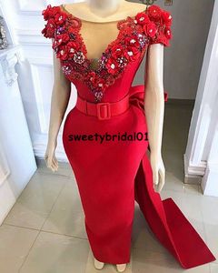 Desinger Red Mermaid Avondjurk 2021 Korte Mouwen Satijn Bloemen Kant ASO EBI Prom Party Dress Custom Size