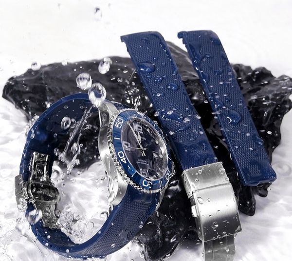 Bandes de montre de concepteur Bracelet de montre en caoutchouc pour hommes 21mm avec lettres Bracelet en acier inoxydable Fermoir Push Botton Fermoir caché pour la plongée sportive