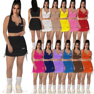 Desinger Womens Katoen Pit Streep Tweedelige Jurk Pak Zomer Hoge Elastische V-hals Open Taille Trekkoord Geborduurde Rok Set