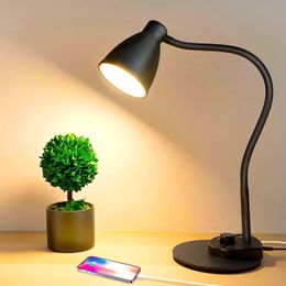 Lámpara de escritorio con puerto de carga USB 3 modos de color Luz de lectura regulable Inducción inteligente Lámpara de tarea con atenuación automática Lámpara de mesa de cuello de cisne flexible, adaptador de CA incluido