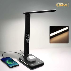 Lámparas de escritorio 10W Qi Carga inalámbrica Lámpara de escritorio LED con calendario de luz nocturna Temperatura despertador Protección de los ojos Lámpara de estudio de estudio P230412