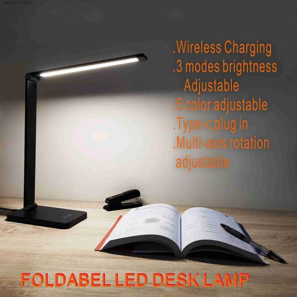 Lámparas de escritorio 3 modos de brillo Lámpara de escritorio LED ajustable Estación de carga inalámbrica Luz de lectura LED Tipo-C Enchufe en salida USB Lámpara de mesa LED Q231104