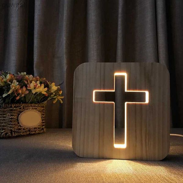 Lampes de bureau 3D lampe à LED veilleuse USB bureau lampes de Table christianisme Crucifix artisanat pour cadeau décoration de la maison croix en bois YQ240123