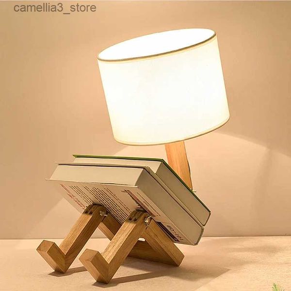 Lámparas de escritorio Lámpara de mesa creativa Forma de robot de madera LED Luces de escritorio de arte nórdico / Protección para los ojos Lectura Dormitorio Escritorio Luz nocturna Decoración para el hogar Q231104