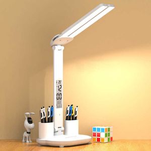 Lampes de bureau Double tête LED lampe de bureau USB réglable tactile lampe de Table pliable avec calendrier température horloge veilleuse étude lampe de lecture P230412