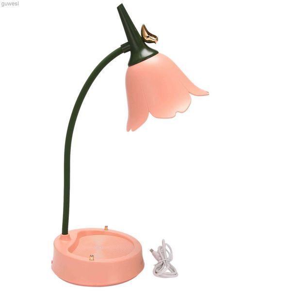 Lámparas de escritorio Flor LED Lámpara de escritorio Estudiante Dormitorio Iluminación Contacto Lectura Protección para los ojos USB Flor Pantalla Mesa Rosa claro YQ240123