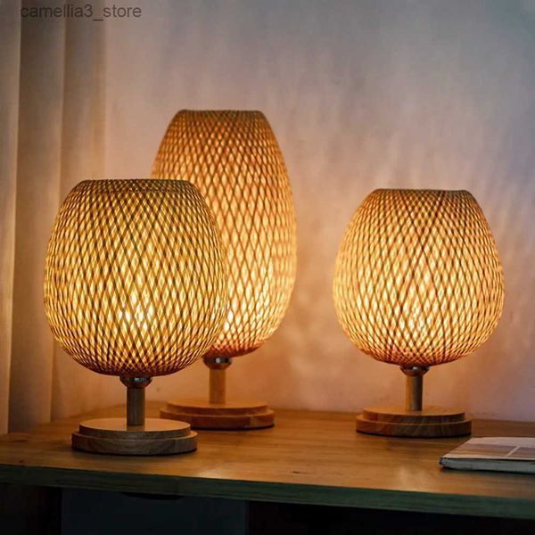 Lampes de bureau Moderne tricoté à la main tissage bambou lampe de Table chambre lampe de chevet bois rotin abat-jour chambre décor à la maison Art bureau lumière Q231104