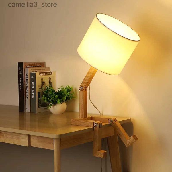Lampes de bureau Lampe de Table en bois en forme de Robot E14 support de lampe 110-240 V tissu moderne Art bois lampe de Table de bureau salon intérieur étude veilleuse Q231104