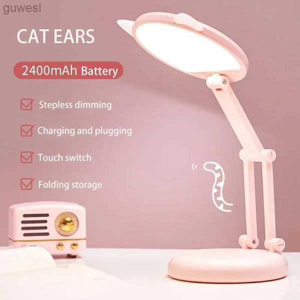 Lámparas de escritorio Lámpara de mesa pequeña LED redonda con oreja de gato protección para los ojos dormitorio de estudiantes aprender a cargar lámpara de noche portátil plegable YQ240123