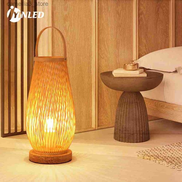 Lámparas de escritorio Vintage Bamboohandicraft Lámparas de mesa Dormitorio hecho a mano Luces de escritorio Sala de estar Decoración Lámpara de madera de bambú cálida Q231104