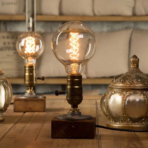 Lámparas de escritorio Luces de mesa LED industriales vintage con interruptor de atenuación Bombilla Edison Lámpara de escritorio de madera Decoración retro para el hogar Arte creativo Regalo Luz nocturna YQ240123