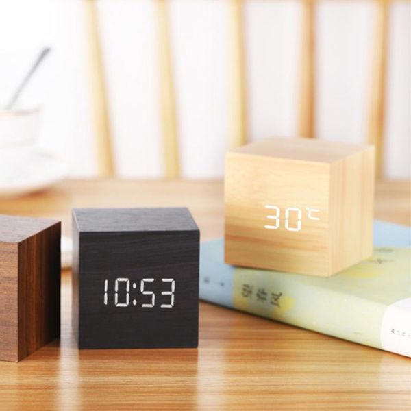 Relojes de mesa de escritorio, 1 unidad, cubo de madera moderno, reloj despertador Digital con voz USB, pantalla LED, Despertador, Control luminoso