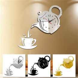 Desktafel klokken 3D Coffee Cup Teapot Zelfklevende Acryl Mirror Clock Wallpaper voor huis woonkamer decoratie wandklok behang