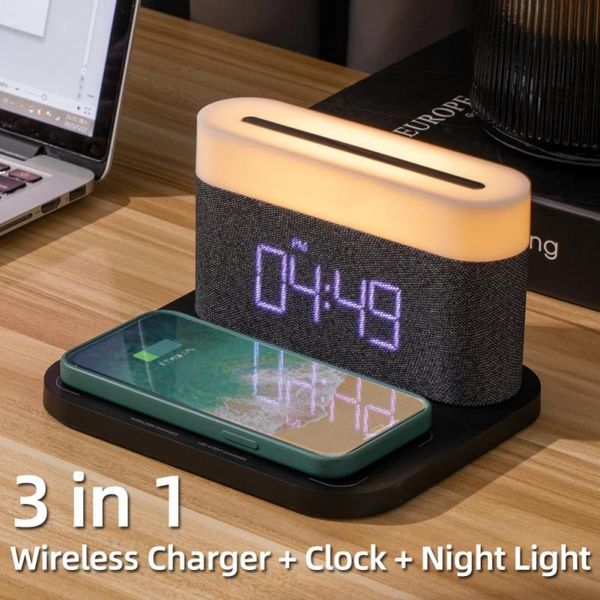 Relojes de mesa de escritorio 3 en 1 reloj despertador inteligente cargador de teléfono inalámbrico luz de protección ocular ajustable lámpara de carga USB estante suministros para el hogar