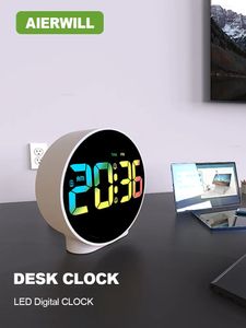 Horloges de table de bureau Aierwill N16 Réveil rond avec calendrier Snooze 1224H Semaine Horloge de table numérique LED pour chambres à coucher Étagère de bureau de chevet 231205