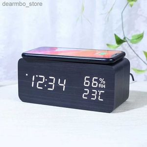 Relojes de mesa de escritorio Termómetro inalámbrico con alarma para mostrar la humedad y la carga en el dormitorio de mesa de reloj de mesa de madera digital 24327