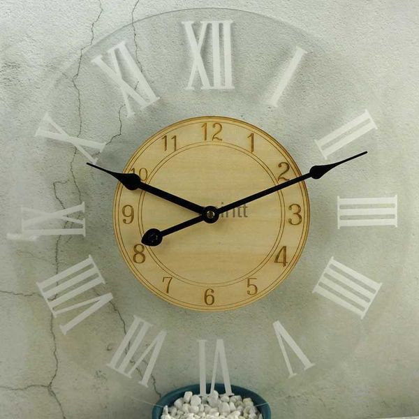 Relojes de mesa de escritorio Reloj de pared con números romanos antiguos, mesa de engranajes de madera maciza de plexiglás, decoración de la habitación del hogar, reloj de cuarzo, redondo creativo YQ240118