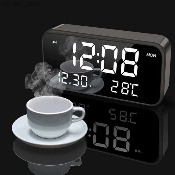 Horloges de table de bureau grand réveil musical à LED avec calendrier miroir visage et thermomètre de température pour décoration de bureau de table de chambre à coucher 24327