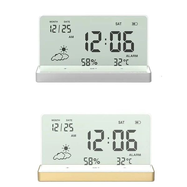 Horloges de table de bureau Horloge numérique transparente créative Température/Humidité/Date/Affichage météo Table électronique Réveil Décor de bureau Ornement 231207