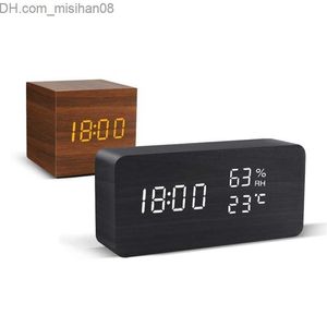 Modern Wooden LED Alarm Clock - Voice Control, USB Powered Digital Tabletop Clock with Date and Temperature Display