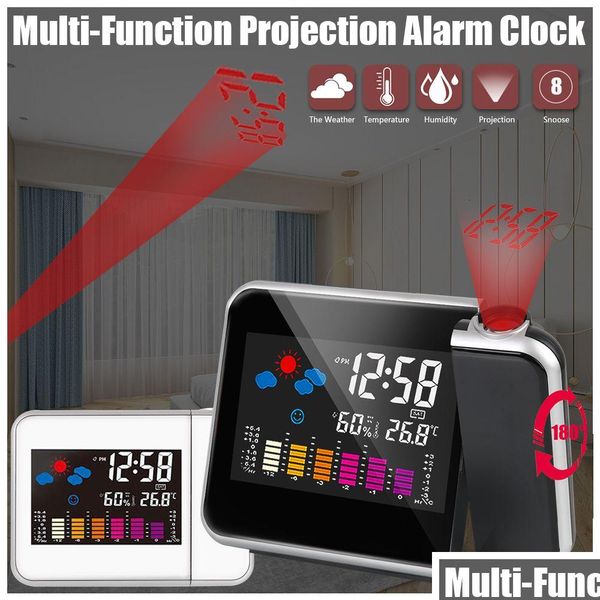 Horloges de table de bureau Horloges de table de bureau LED Horloge numérique Alarme Station météo Température Prévisions d'humidité Sn avec projection de temps Ho Dhc1M