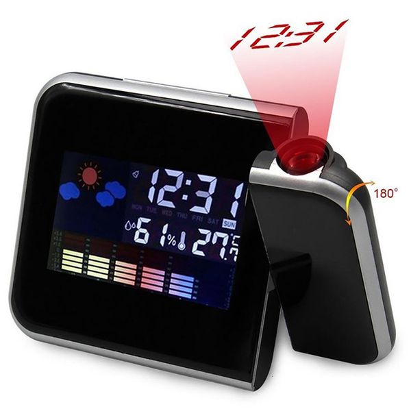 Horloges de table de bureau Réveil numérique Projection murale Météo Écran LCD Snooze Alarme Double Laser Rotatif Horloge Couleur Affichage Bureau Montre 230615